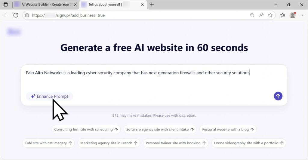 a brief description of our company in a prompt from the ai assisted website builder (source palo alto networks)