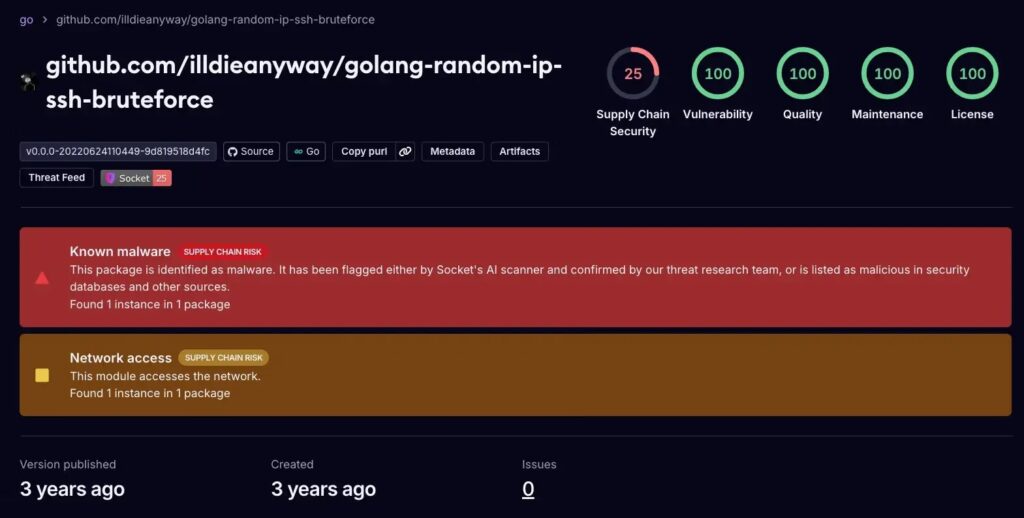 socket’s ai scanner detected a malicious package golang random ip ssh bruteforce (source socket.dev)