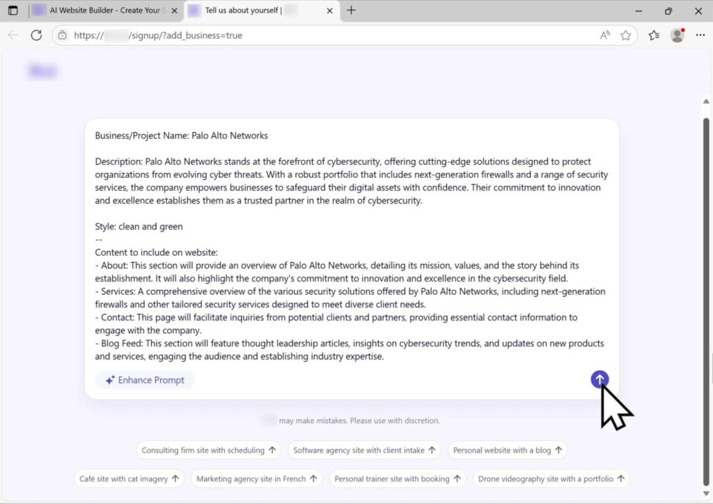 the enhanced prompt from the ai assisted website builder (source palo alto networks)