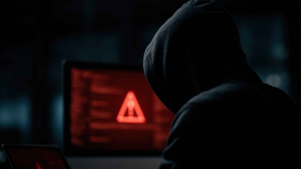 vecteezy hacker in dark room with hooded sweatshirt red warning 69524586