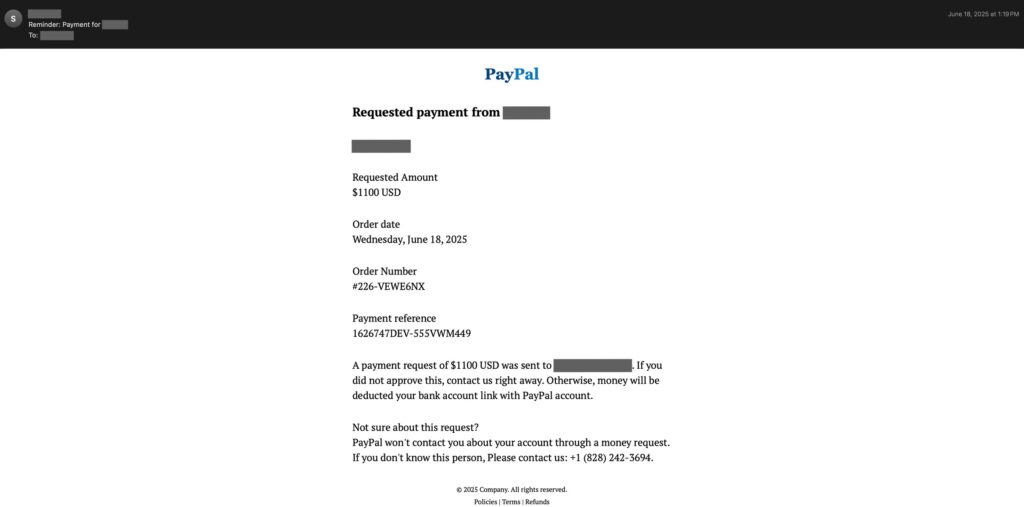 A scam email impersonating the PayPal brand