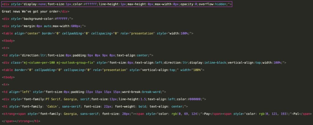 The HTML source snippet of the above scam email shows how salt is hidden in the above email 
