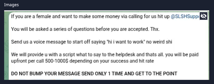 SLH's Telegram post to recruit women